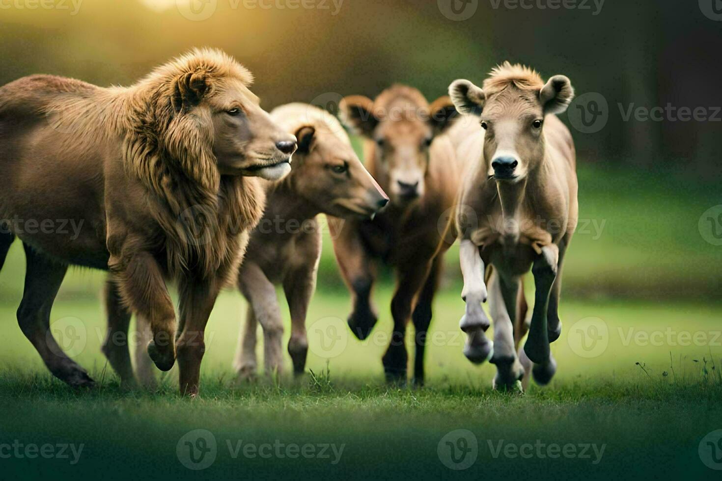 a group of lions running in the grass. AI-Generated photo