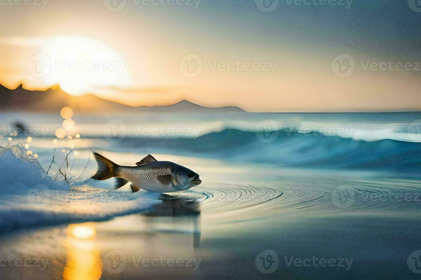 a fish is walking on the beach at sunset. AI-Generated photo