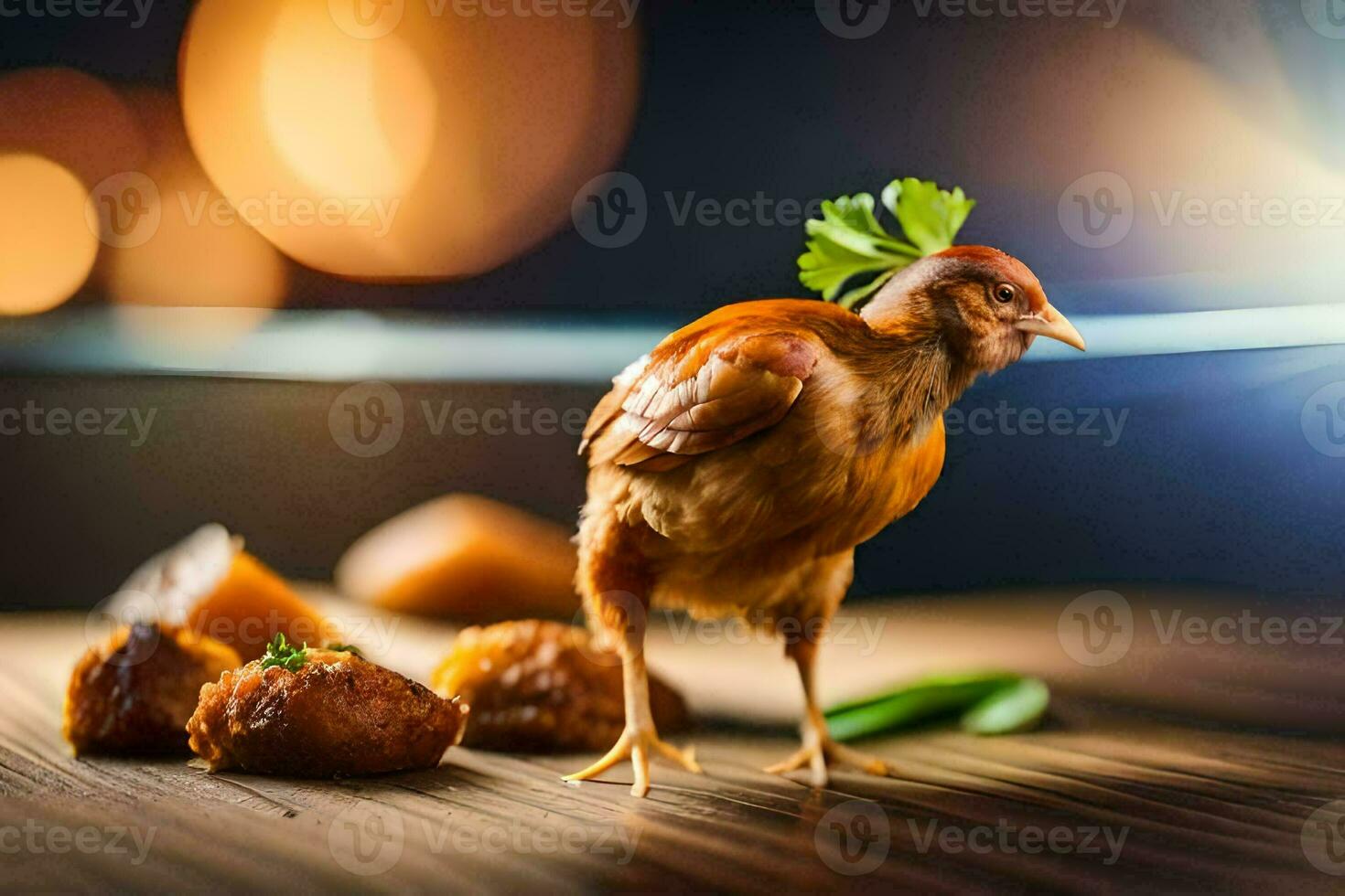 a chicken is standing on a table with potatoes. AI-Generated photo