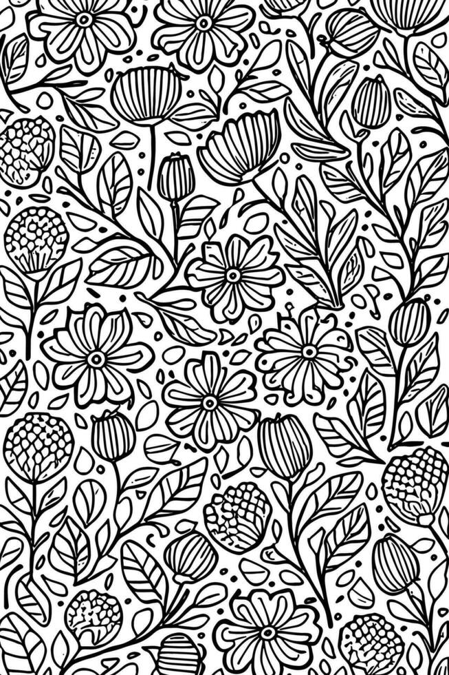 Elegant Monochromatic Flower Art Abstract Hand Drawn Doodle Pattern vector