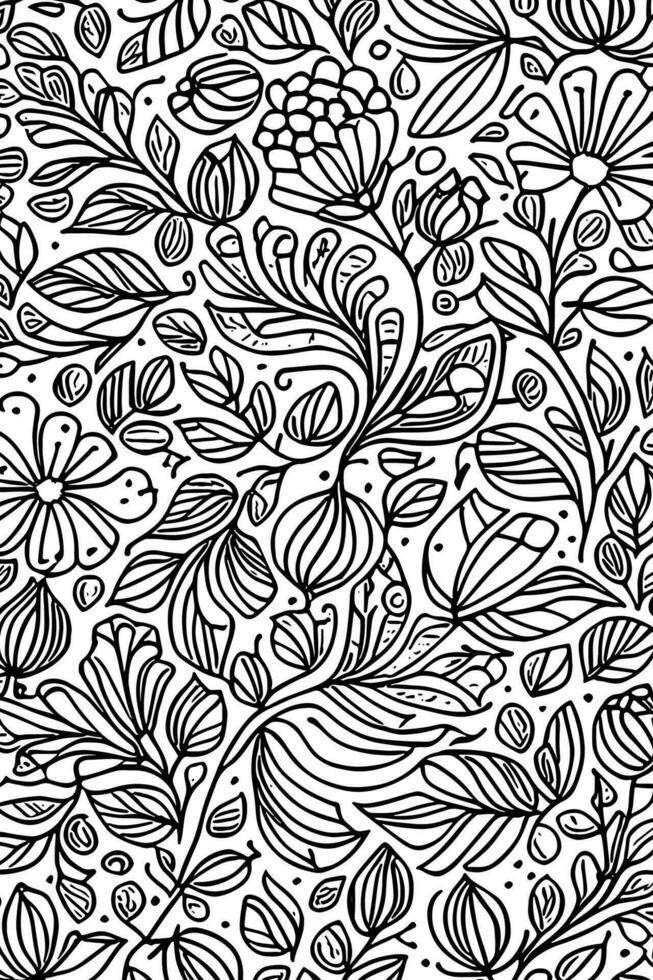 Abstract Blossoms in Black and White Monochromatic Hand Drawn Vector