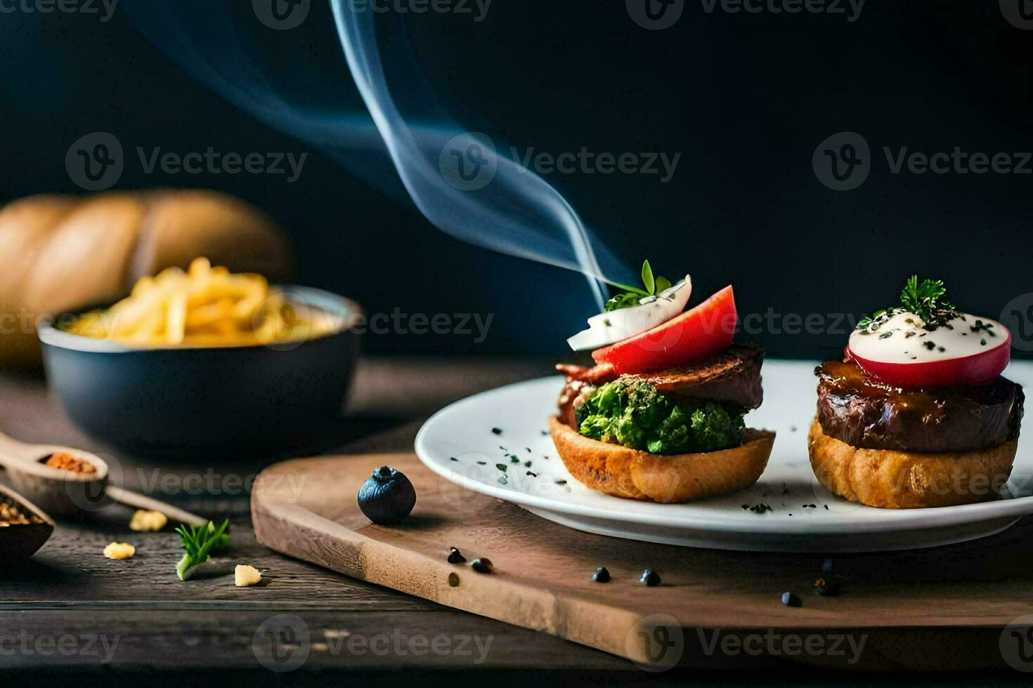 two small sandwiches with cheese and vegetables on a wooden table. AI-Generated photo