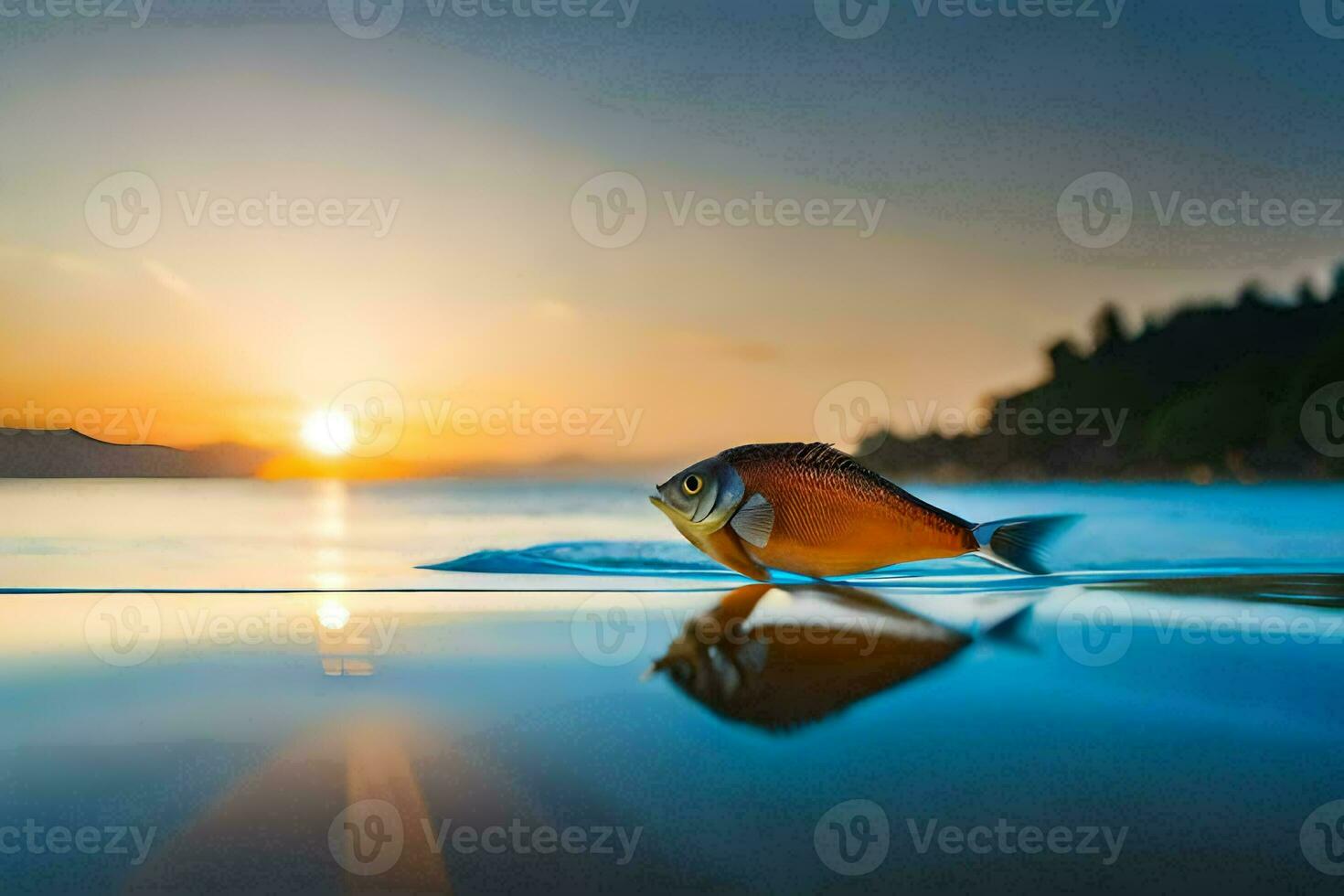 un pescado es nadando en el agua a puesta de sol. generado por ai foto