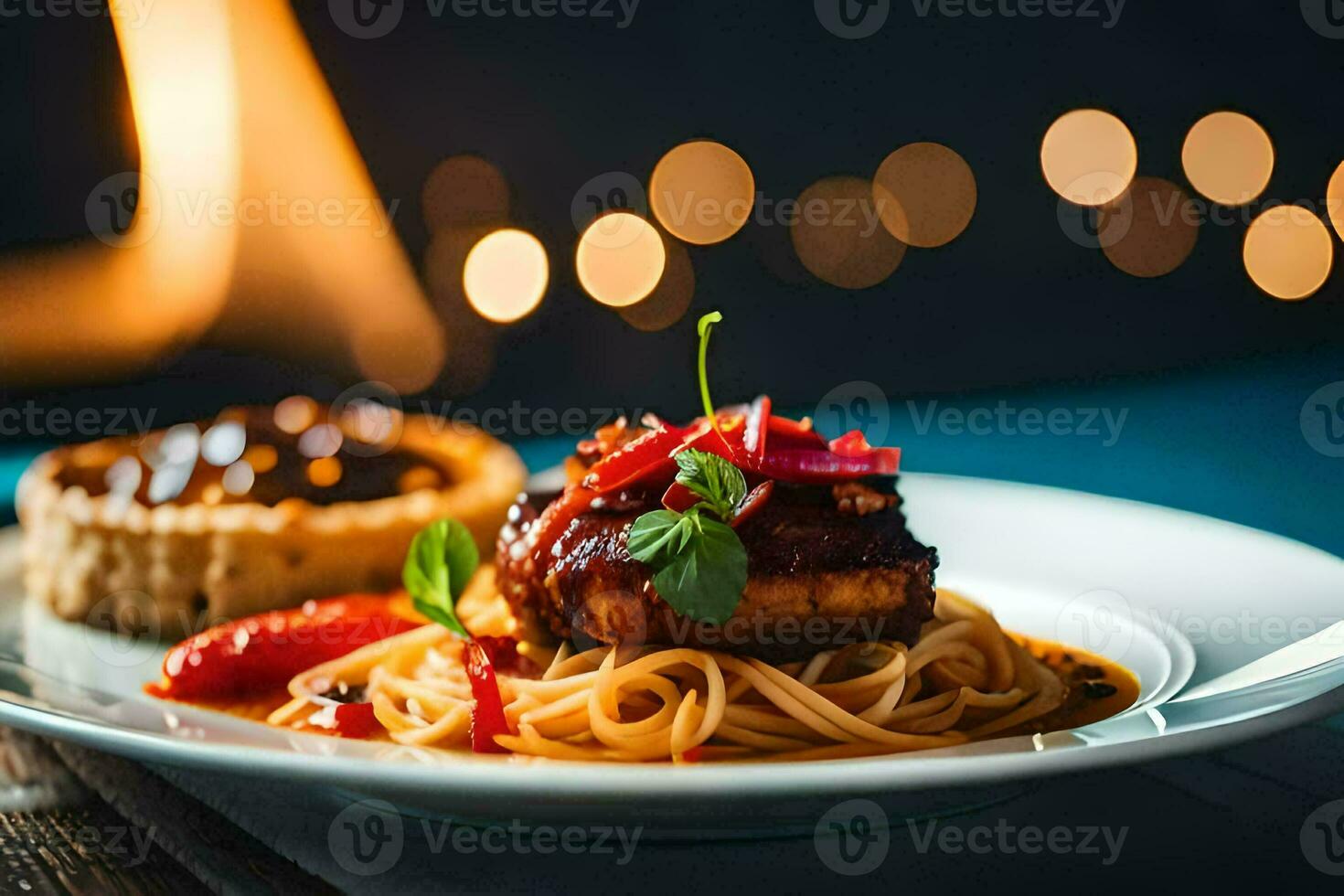 a plate of spaghetti and meat on a table. AI-Generated photo