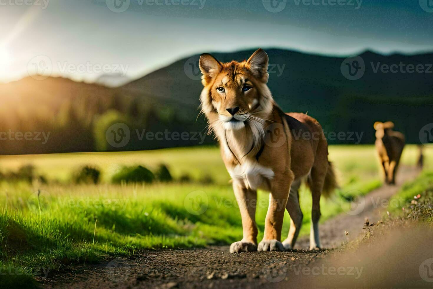 a lion walking on a road in the middle of a field. AI-Generated photo