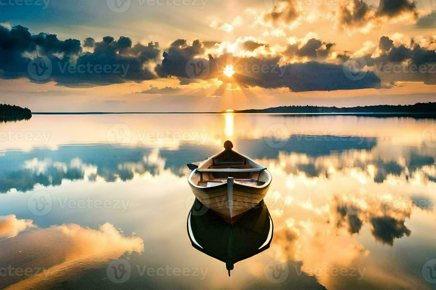 a boat is floating in the water at sunset. AI-Generated photo