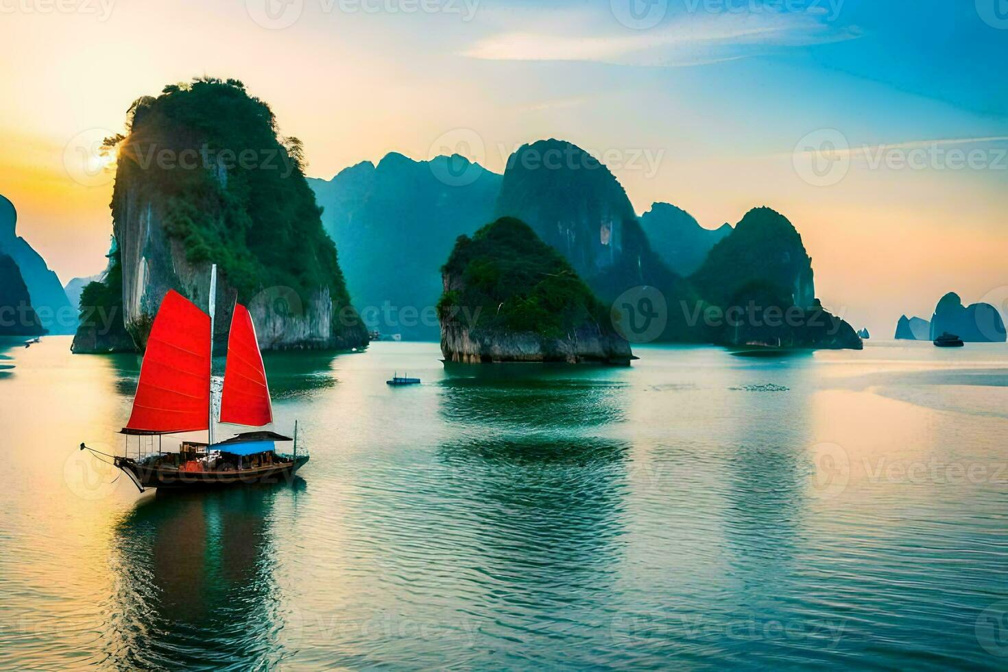 a boat with a red sail in the water near mountains. AI-Generated photo