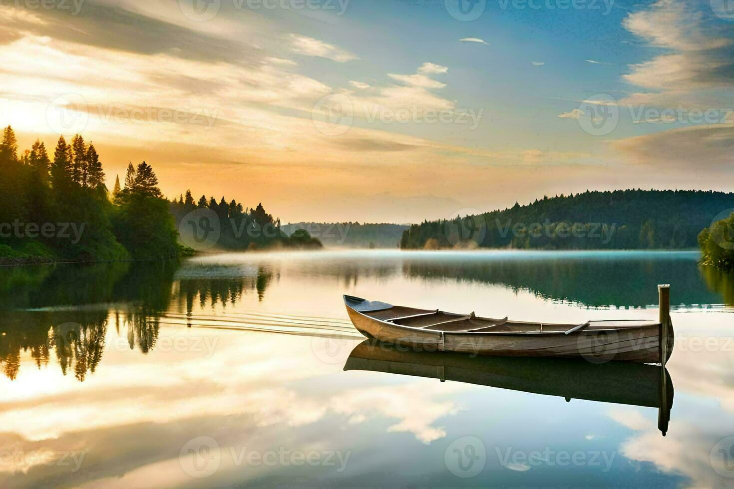 a boat is floating on a lake at sunset. AI-Generated photo