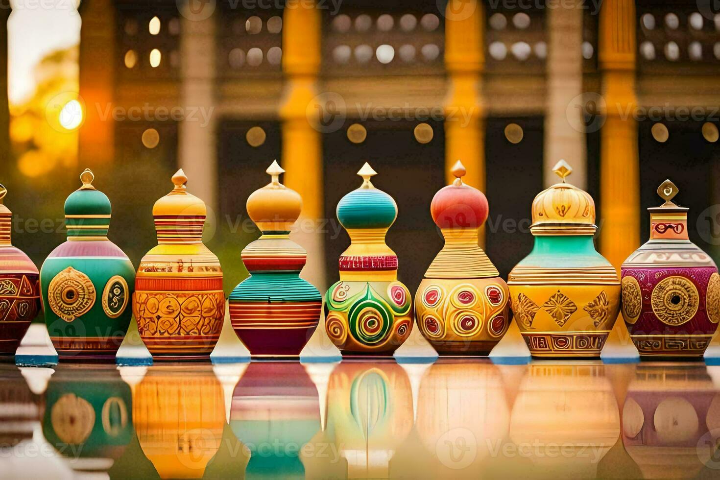 colorful vases lined up on a table. AI-Generated photo