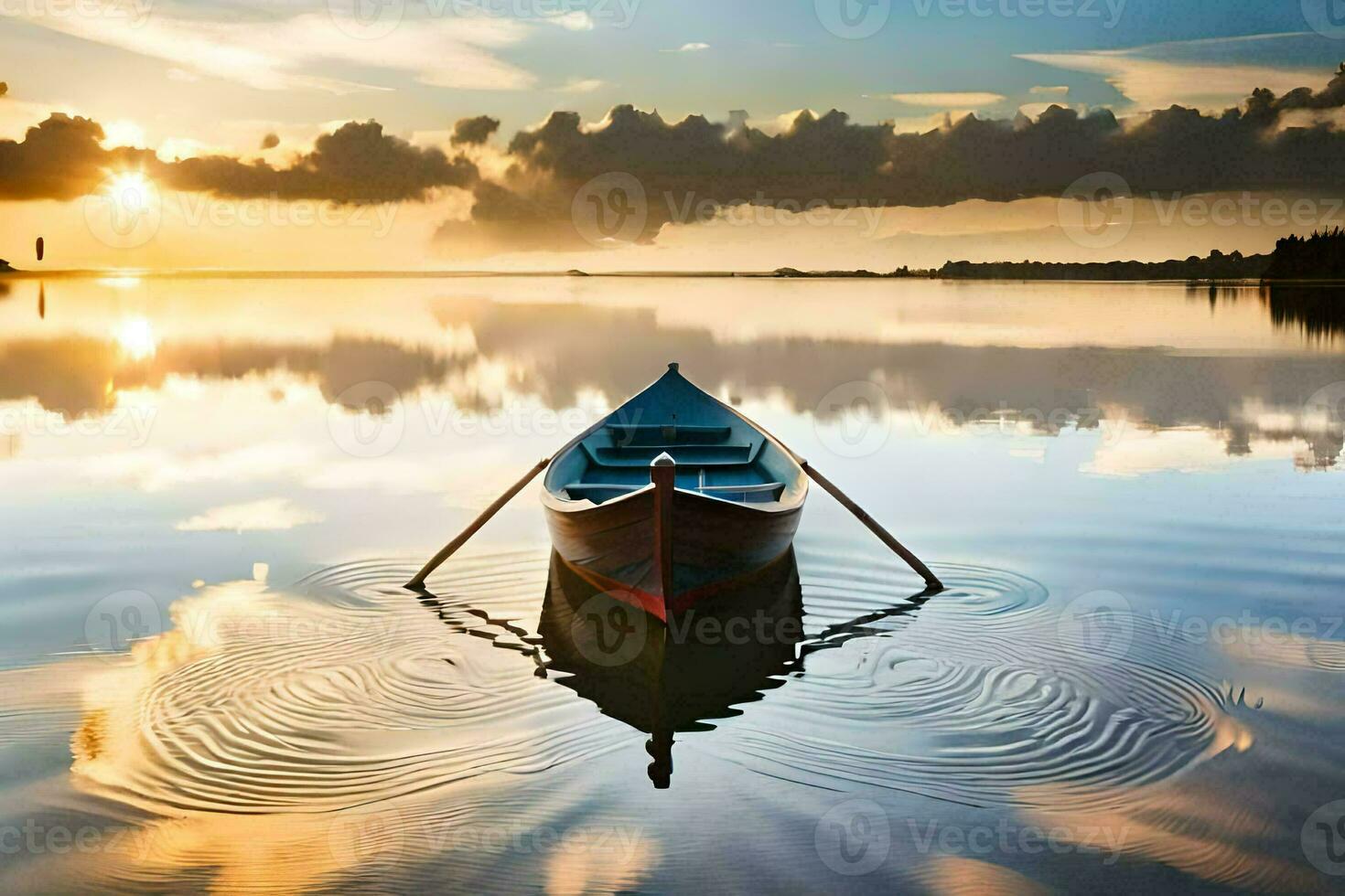 a boat is floating in the water at sunset. AI-Generated photo