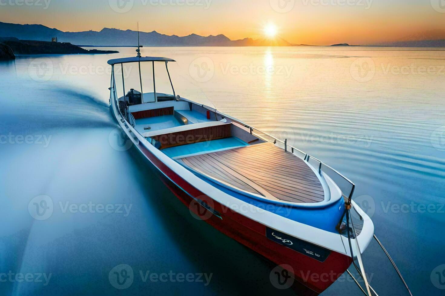 a boat is sailing on the water at sunset. AI-Generated photo