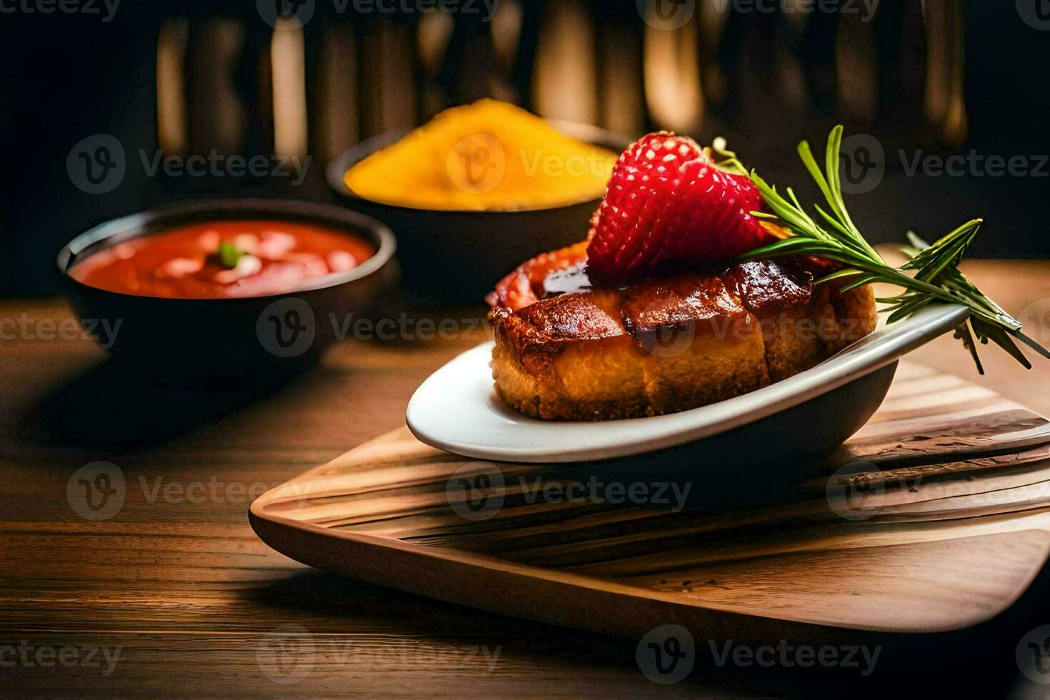 a dessert on a plate with a strawberry on top. AI-Generated photo