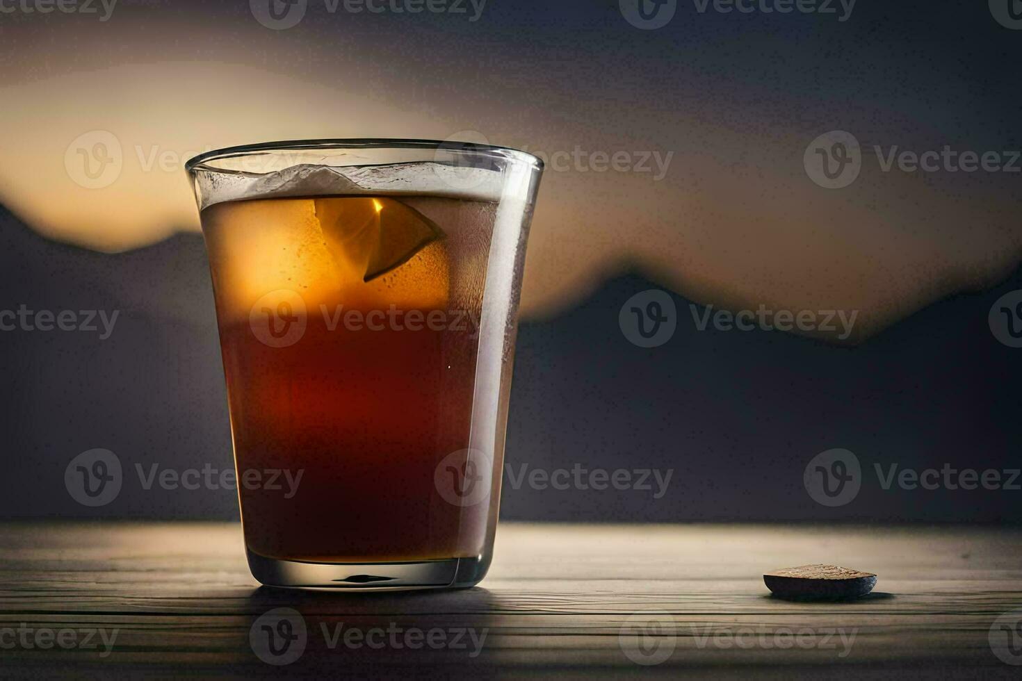 a glass of iced tea with a mountain in the background. AI-Generated photo