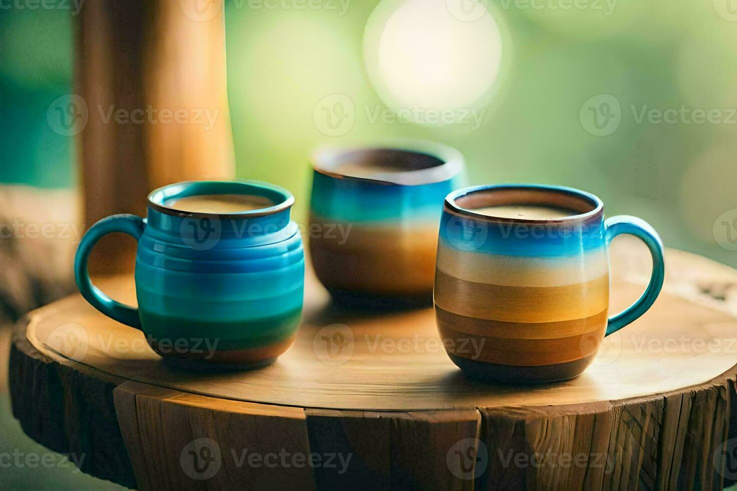 two colorful mugs sitting on a wooden table. AI-Generated photo