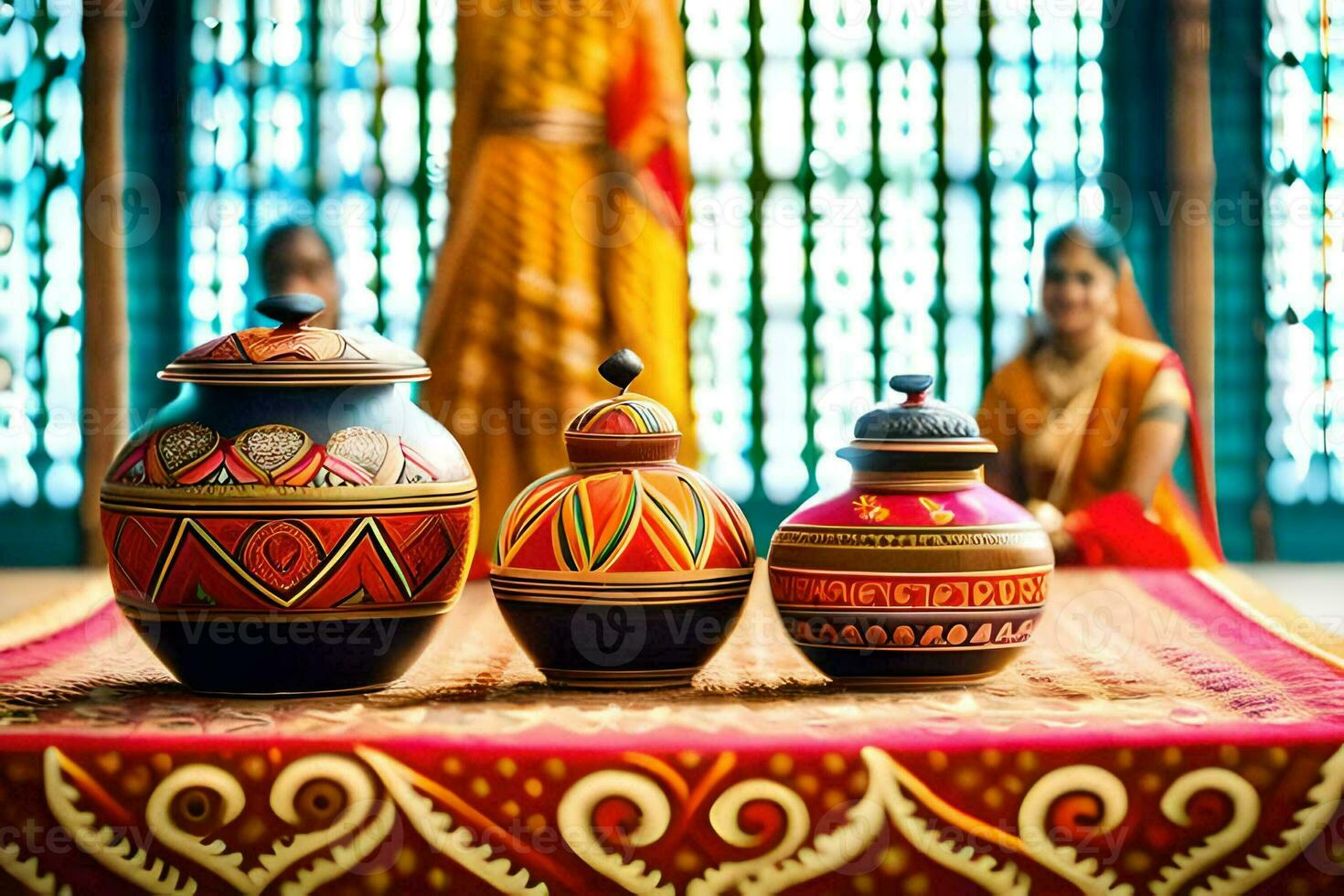 three colorful pots sitting on a table. AI-Generated photo