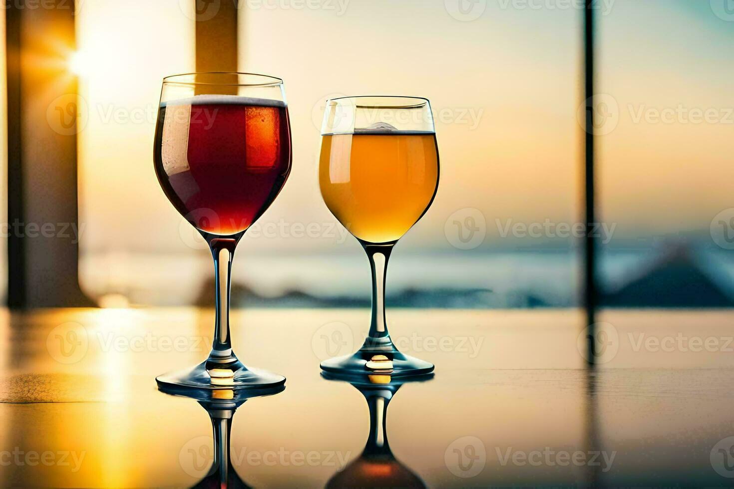 two glasses of wine on a table with the sun setting behind them. AI-Generated photo