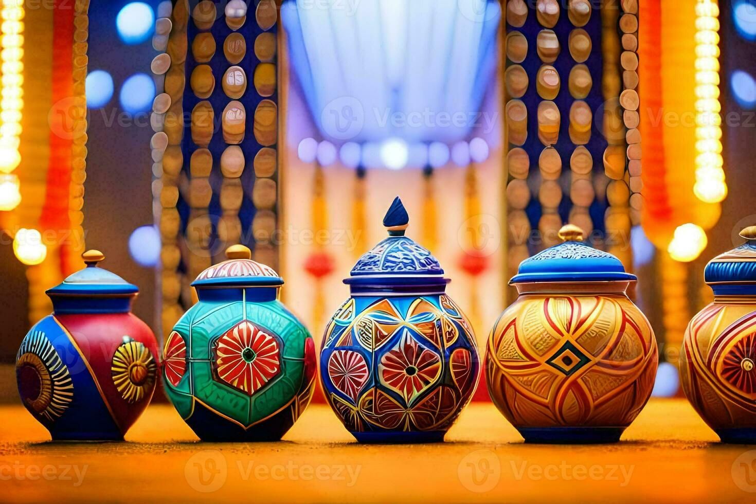 colorful vases lined up in a row. AI-Generated photo