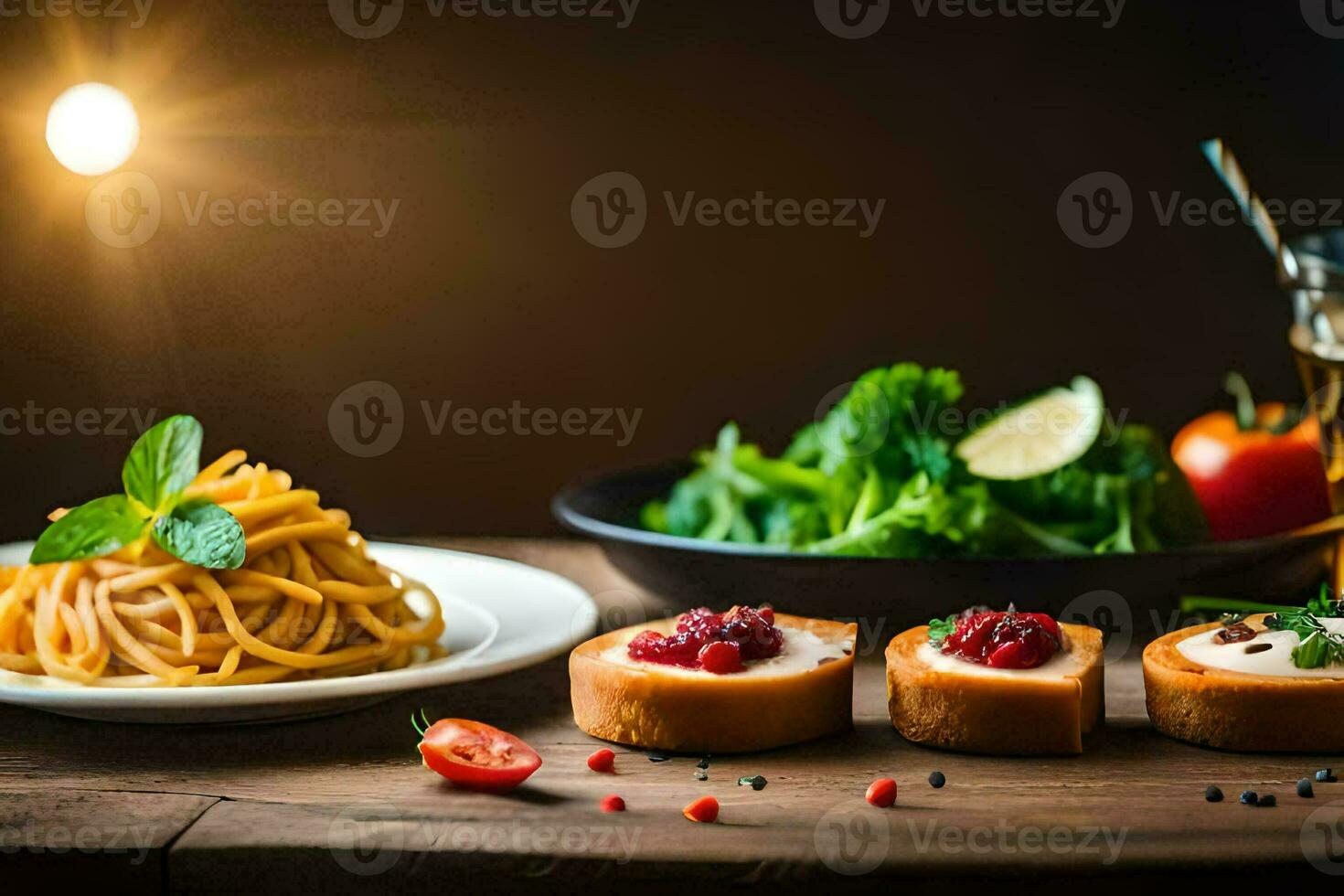 a plate of pasta, vegetables and a glass of wine. AI-Generated photo