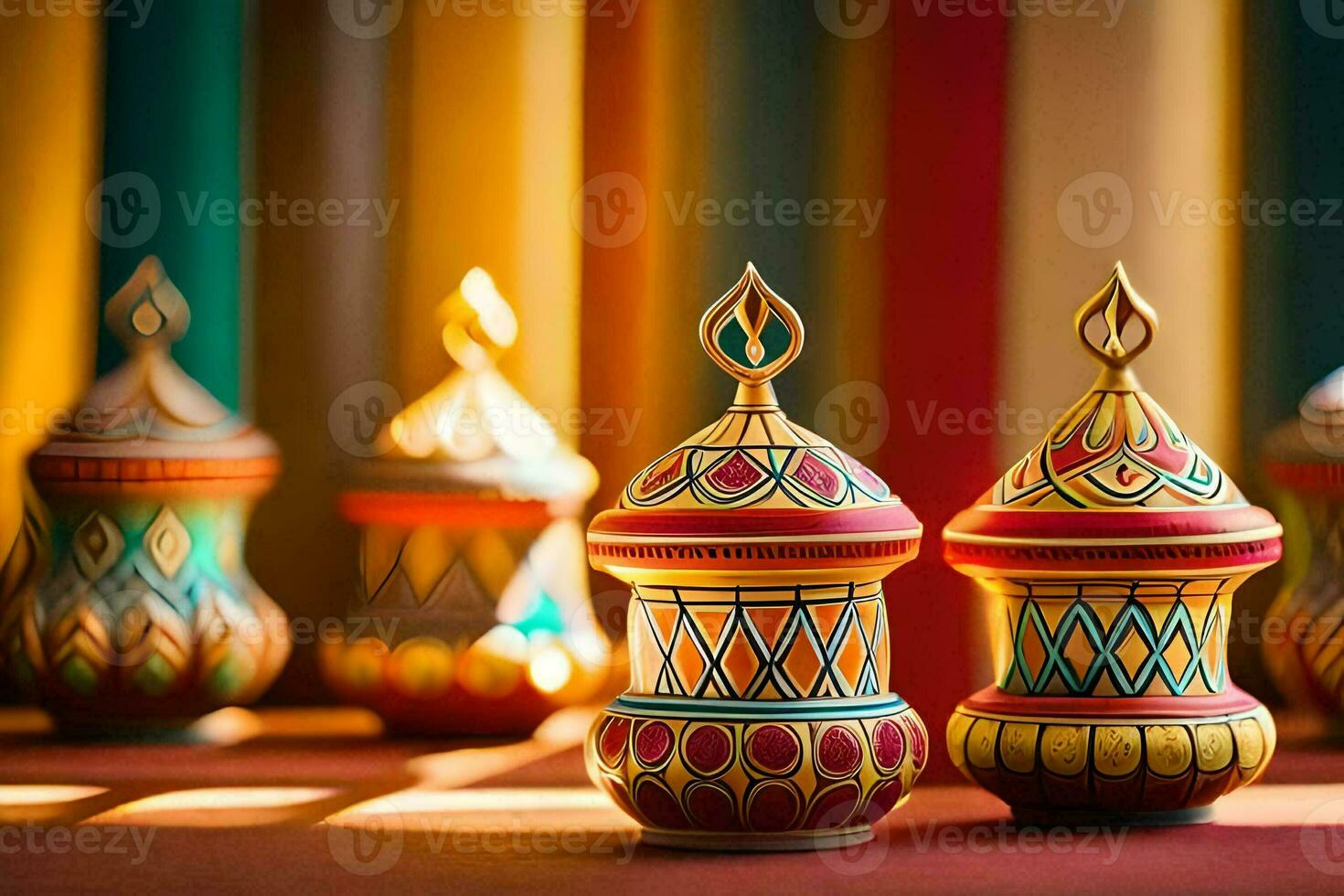 colorful diyas on a table. AI-Generated photo