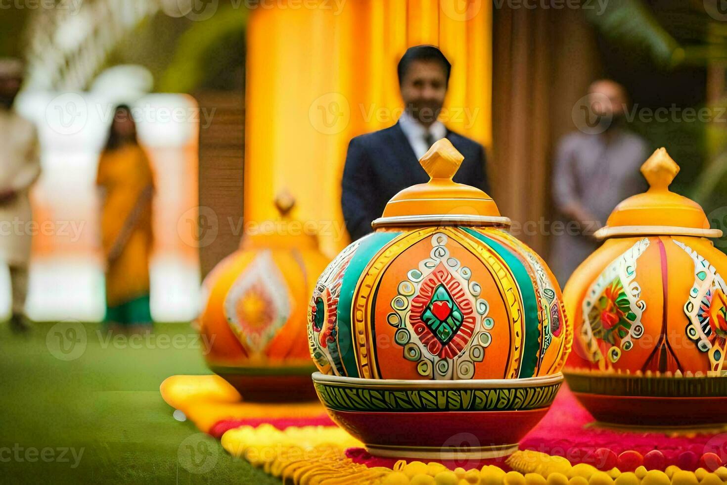 a man in a suit standing in front of colorful vases. AI-Generated photo