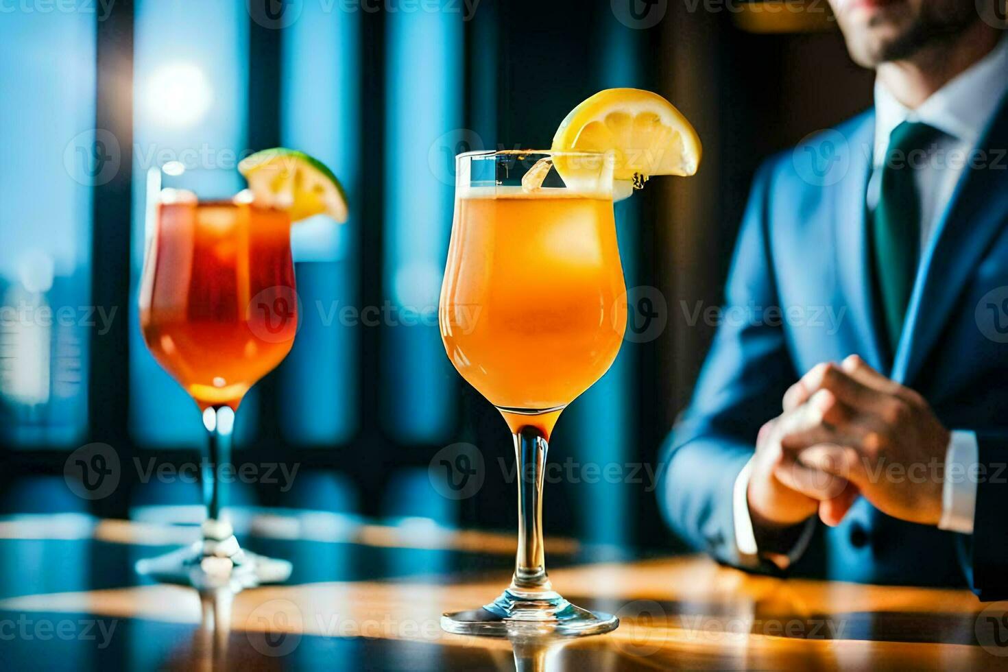 two glasses of orange juice and a man in a suit. AI-Generated photo