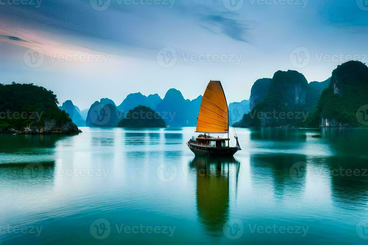 un barco con un amarillo vela en el agua. generado por ai foto