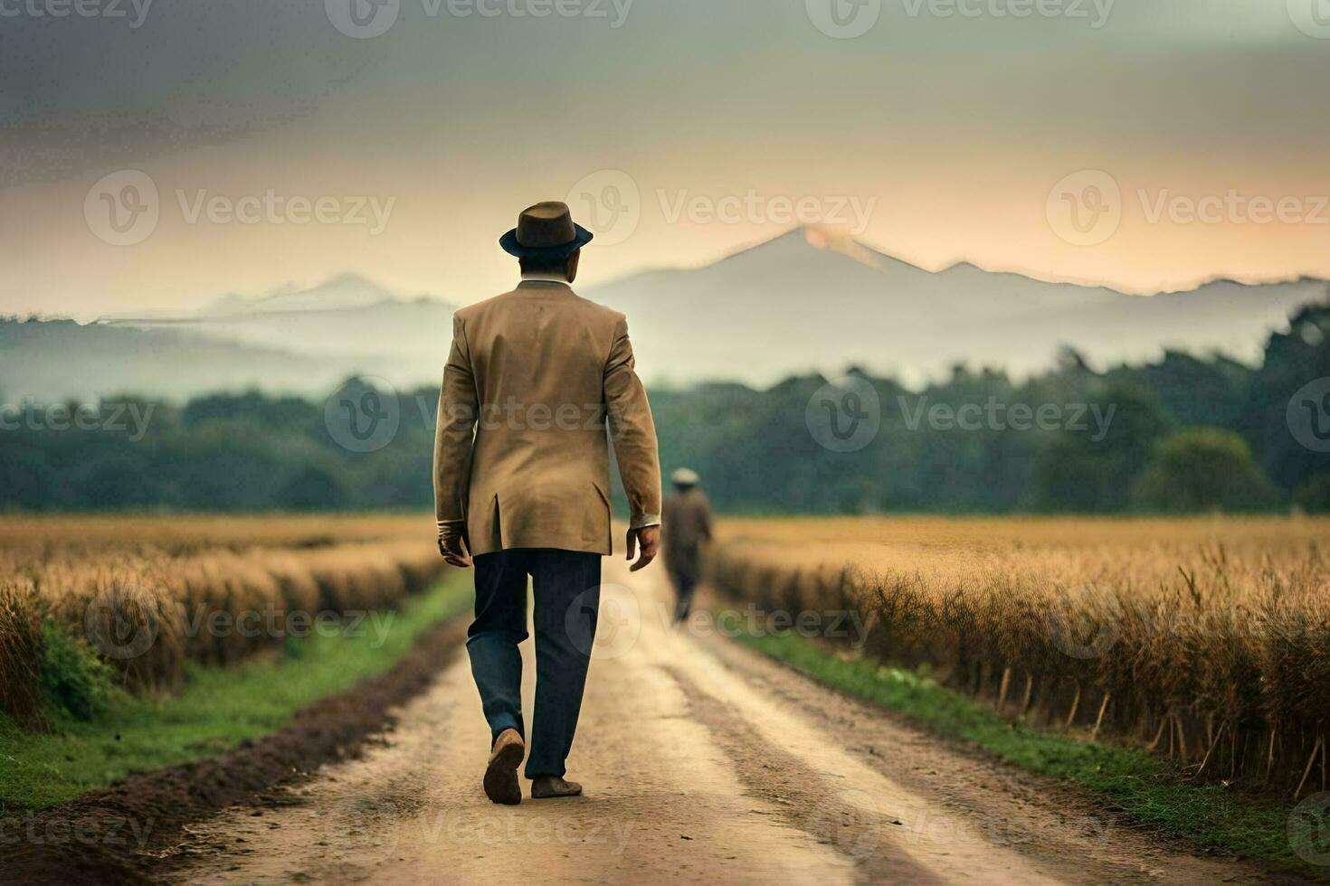 un hombre en un traje camina abajo un suciedad la carretera. generado por ai foto