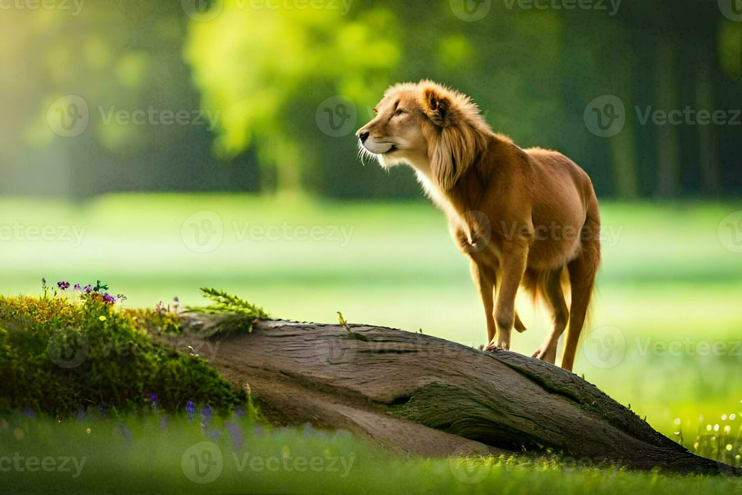 the lion is standing on a tree stump in the middle of a field. AI-Generated photo