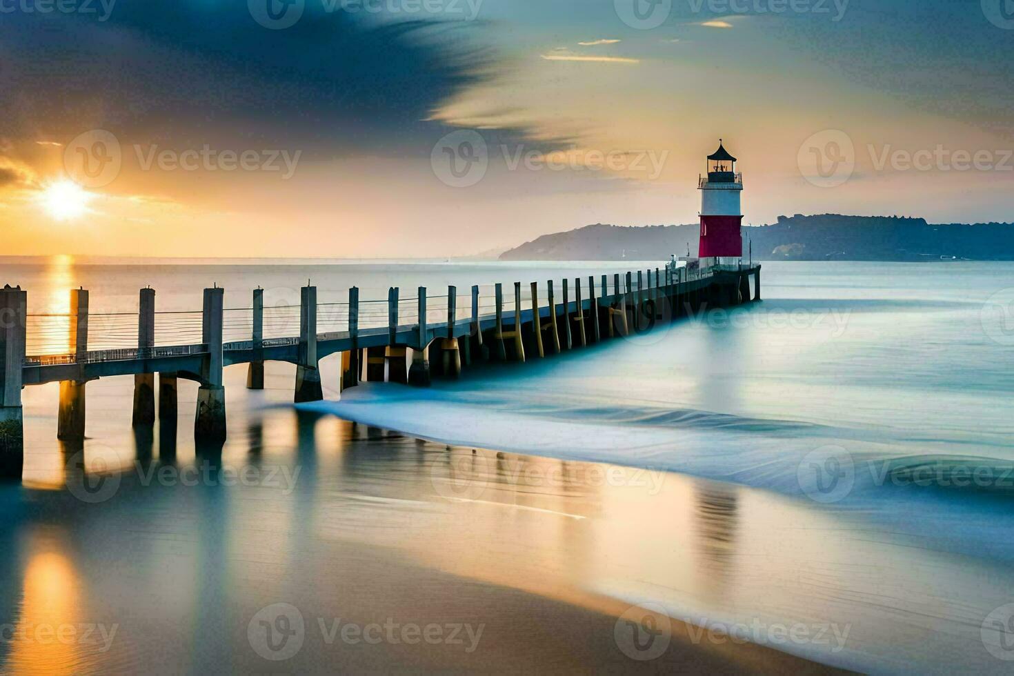 a lighthouse stands on a pier at sunset. AI-Generated photo