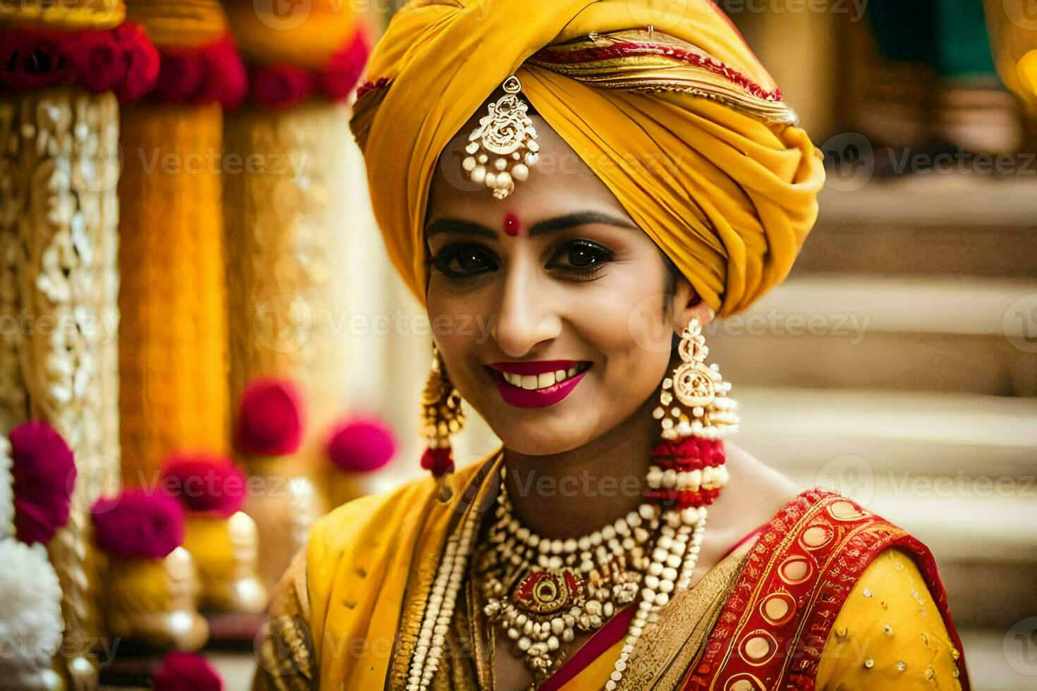 a beautiful indian bride in yellow and red. AI-Generated photo