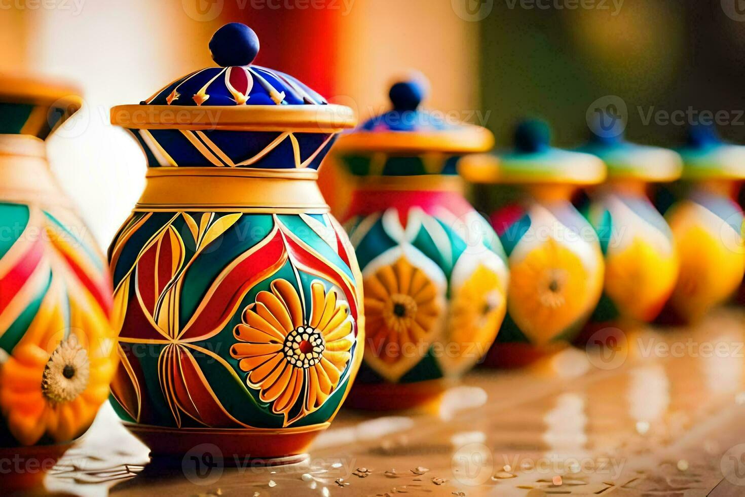 colorful ceramic pots on a table. AI-Generated photo