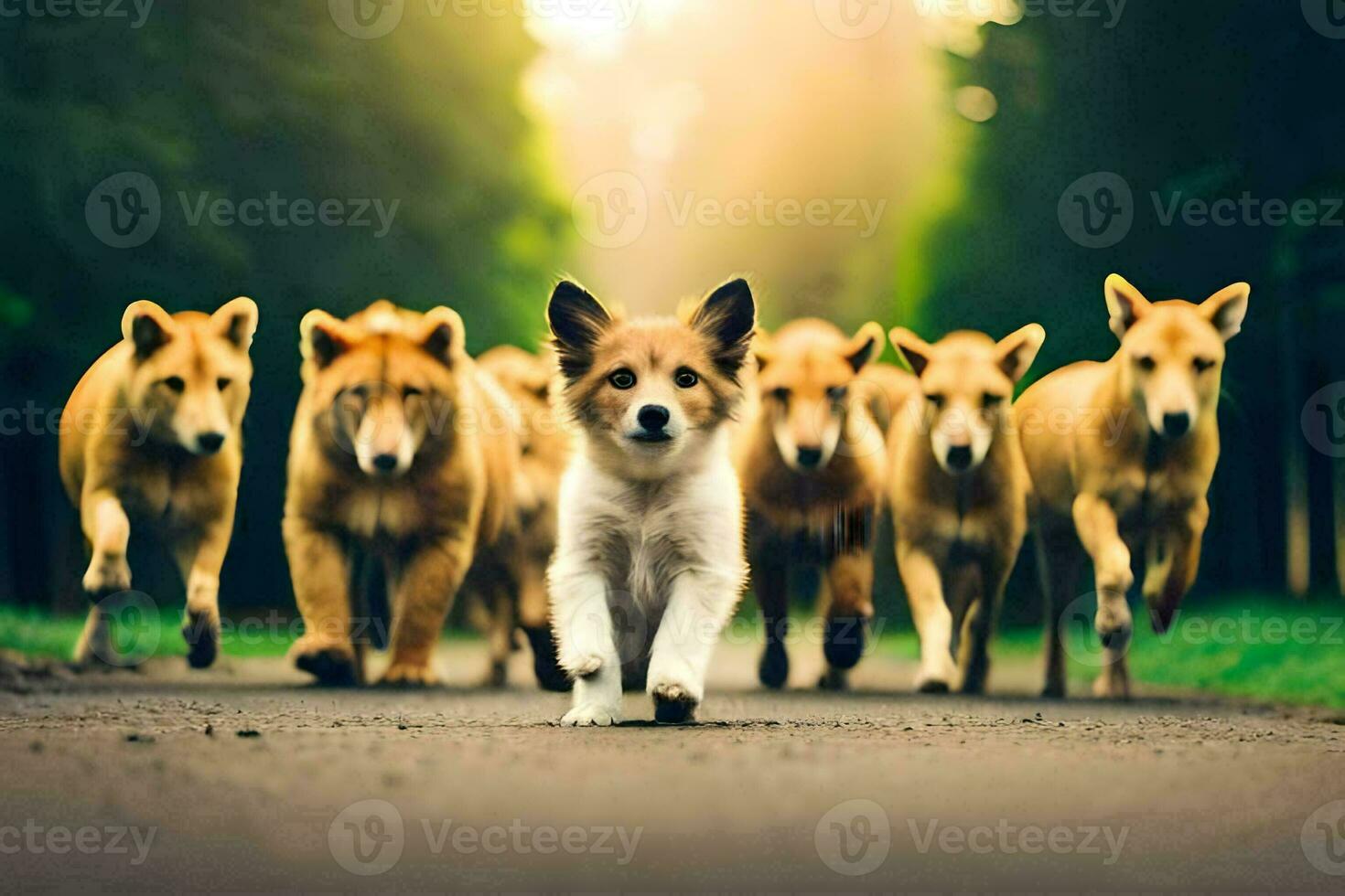 a group of dogs running down a road. AI-Generated photo