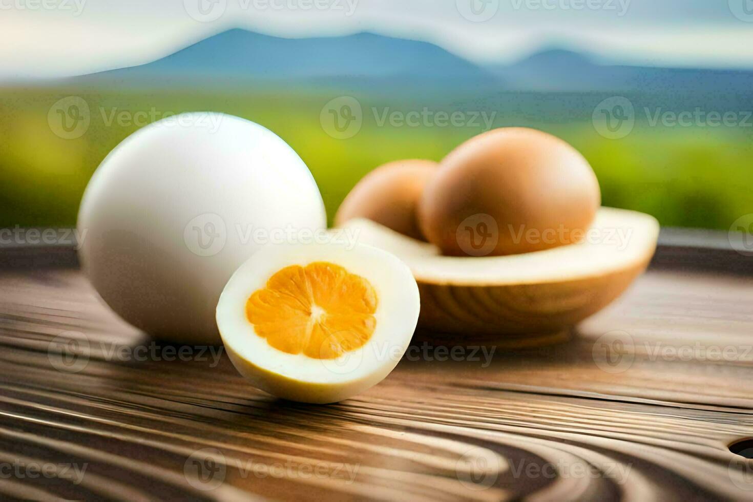 eggs and a half of an egg on a table. AI-Generated photo