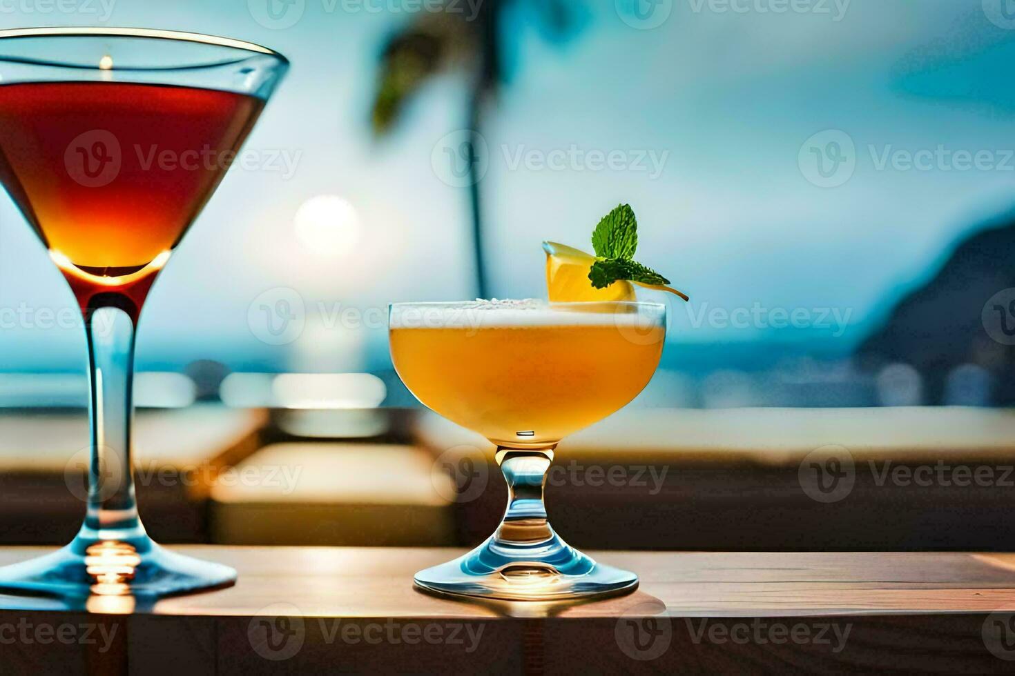 two cocktails sit on a table in front of the ocean. AI-Generated photo
