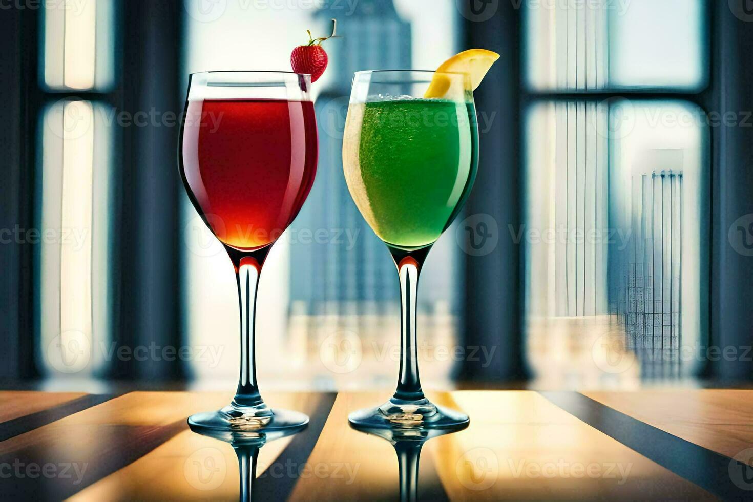 two glasses of champagne with fruit and drink on table. AI-Generated photo