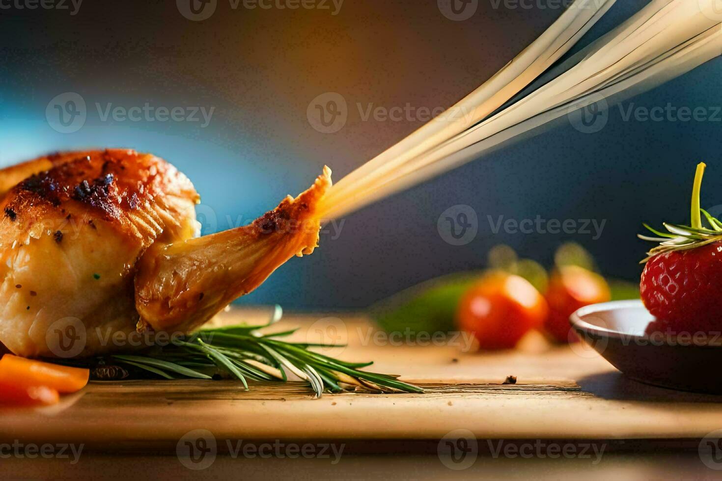 a chicken is being cooked on a wooden cutting board. AI-Generated photo