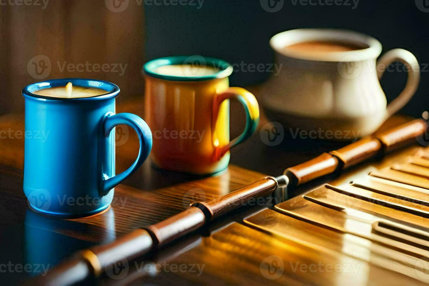 two coffee cups and a wooden instrument on a table. AI-Generated photo