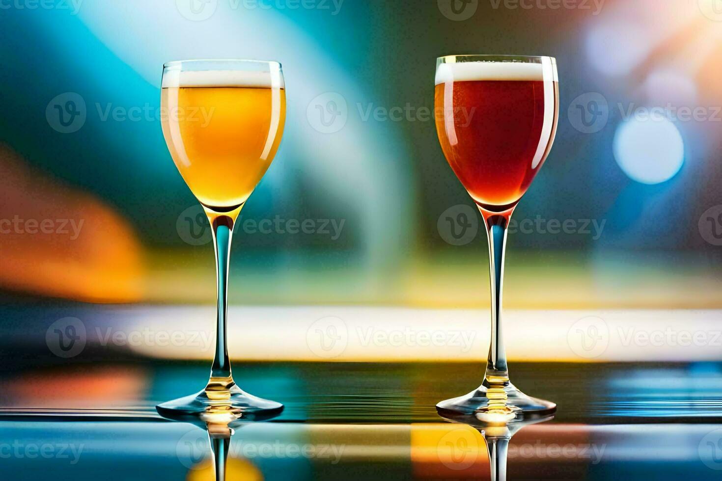 two glasses of beer on a table. AI-Generated photo