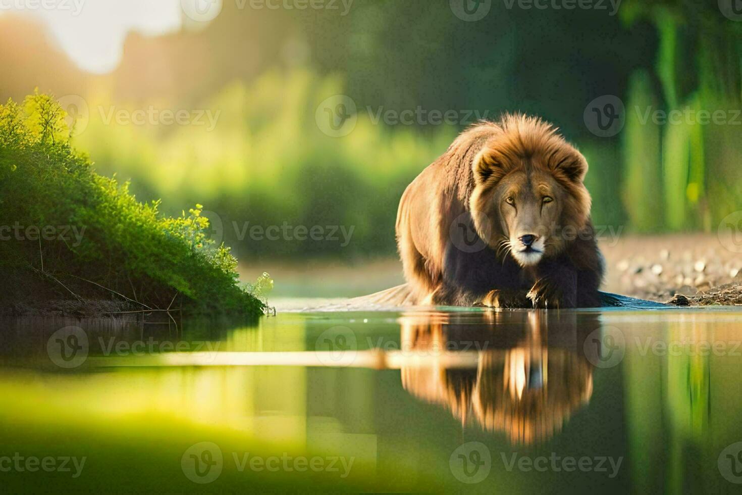 a lion walking across a river in the morning. AI-Generated photo