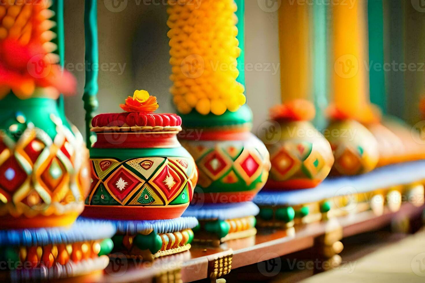colorful vases are lined up on a table. AI-Generated photo