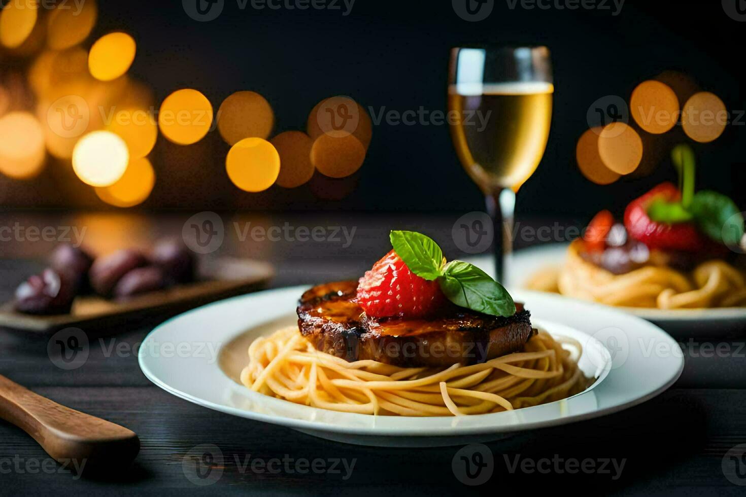 spaghetti with meat and strawberries on a plate. AI-Generated photo