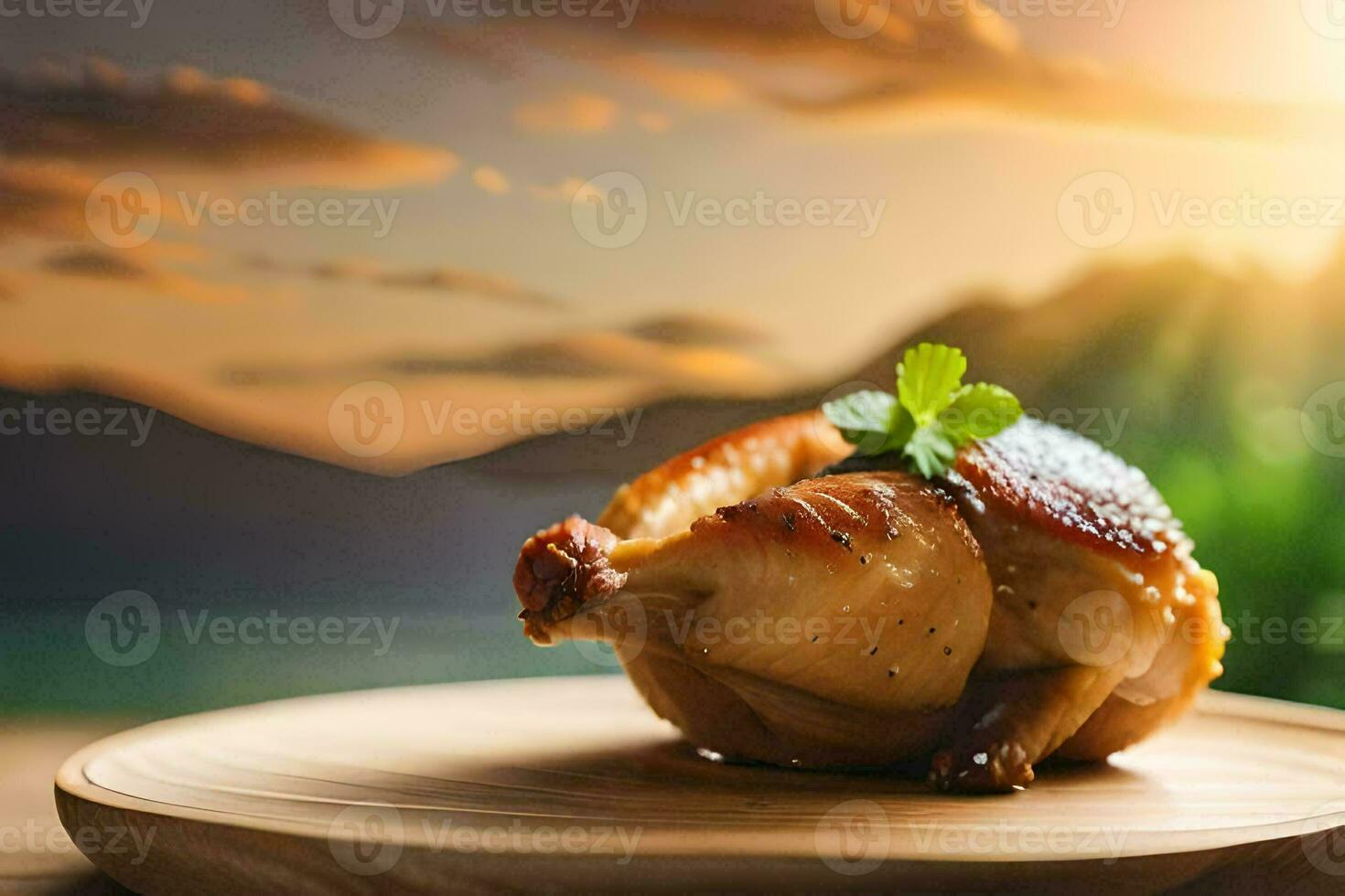 a chicken on a plate with a sunset in the background. AI-Generated photo