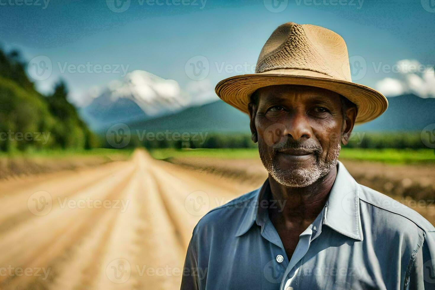 a man in a hat standing in front of a dirt road. AI-Generated photo