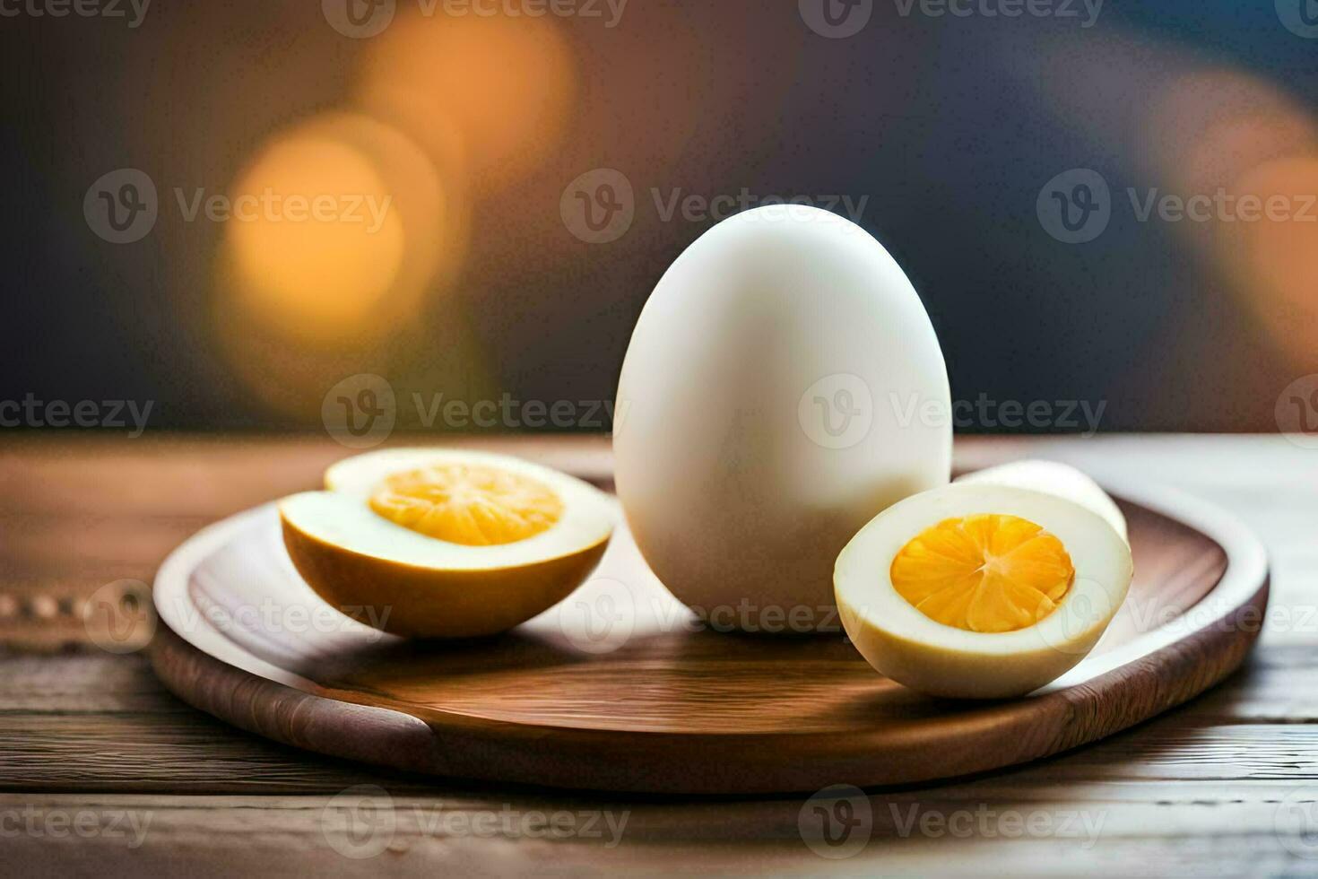 an egg and half of an orange on a wooden cutting board. AI-Generated photo