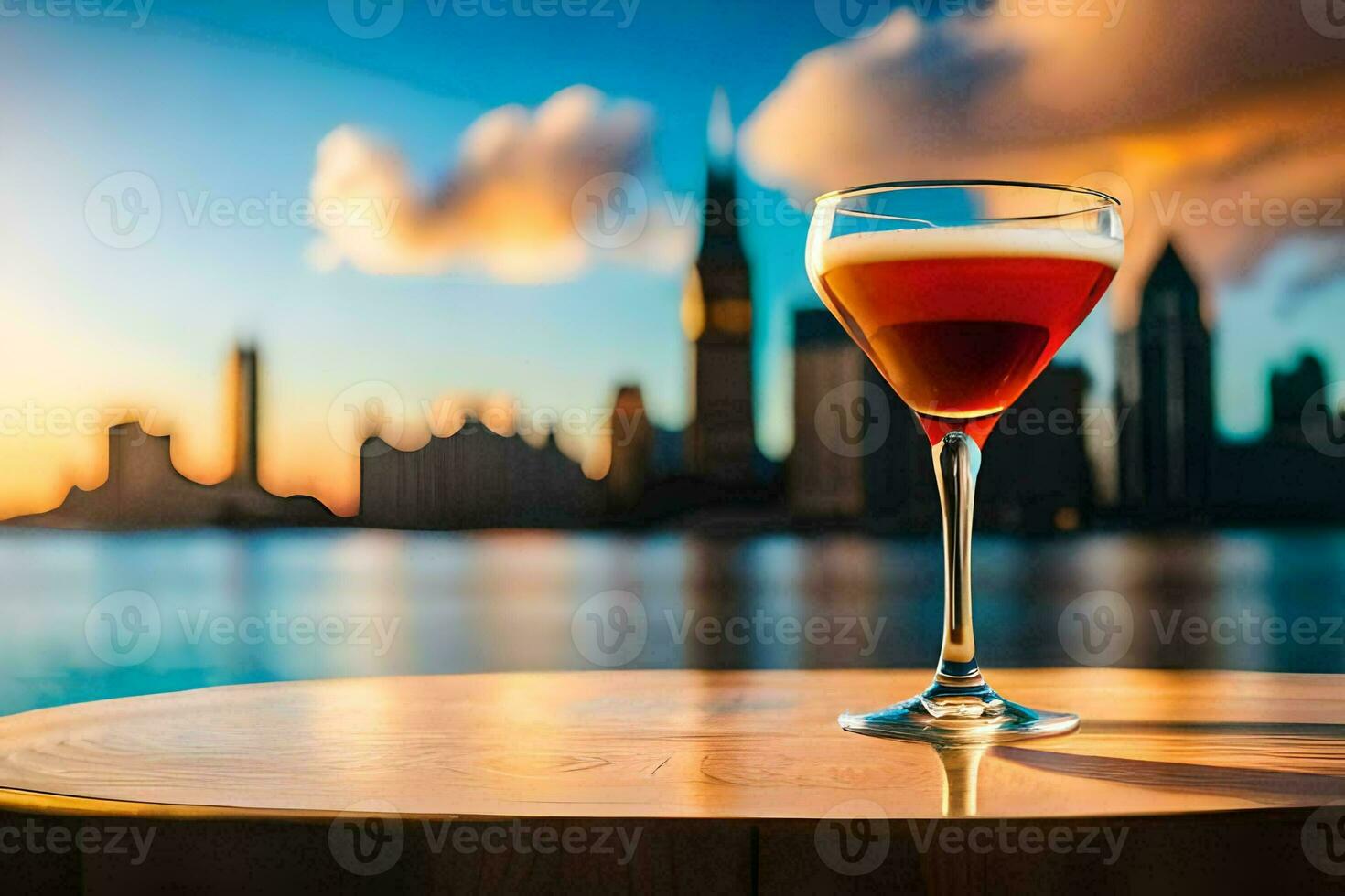 a glass of wine on a table in front of a city skyline. AI-Generated photo
