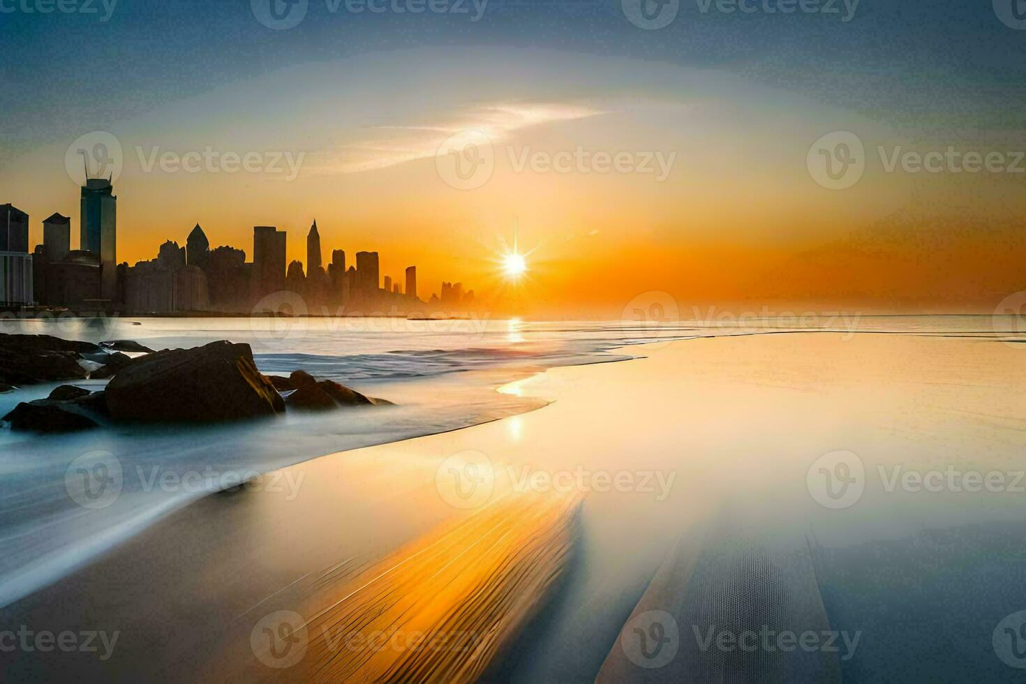 the sun rises over the city skyline in this photo. AI-Generated photo