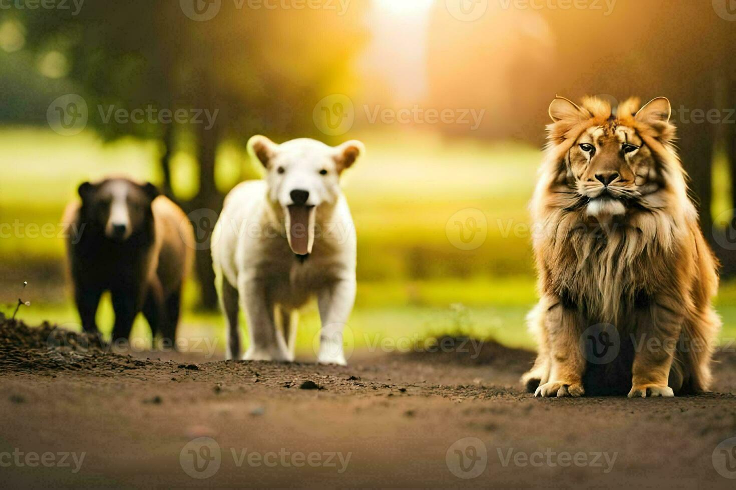 Tres animales caminando en un suciedad la carretera. generado por ai foto