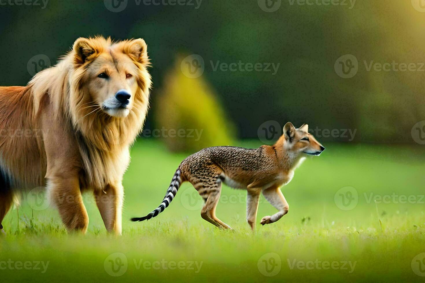 un león y un leopardo son caminando en el césped. generado por ai foto