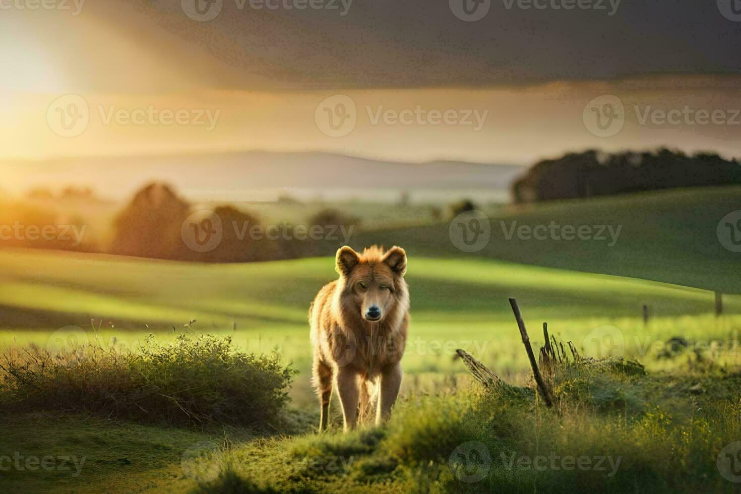 a dog is walking in a field at sunset. AI-Generated photo