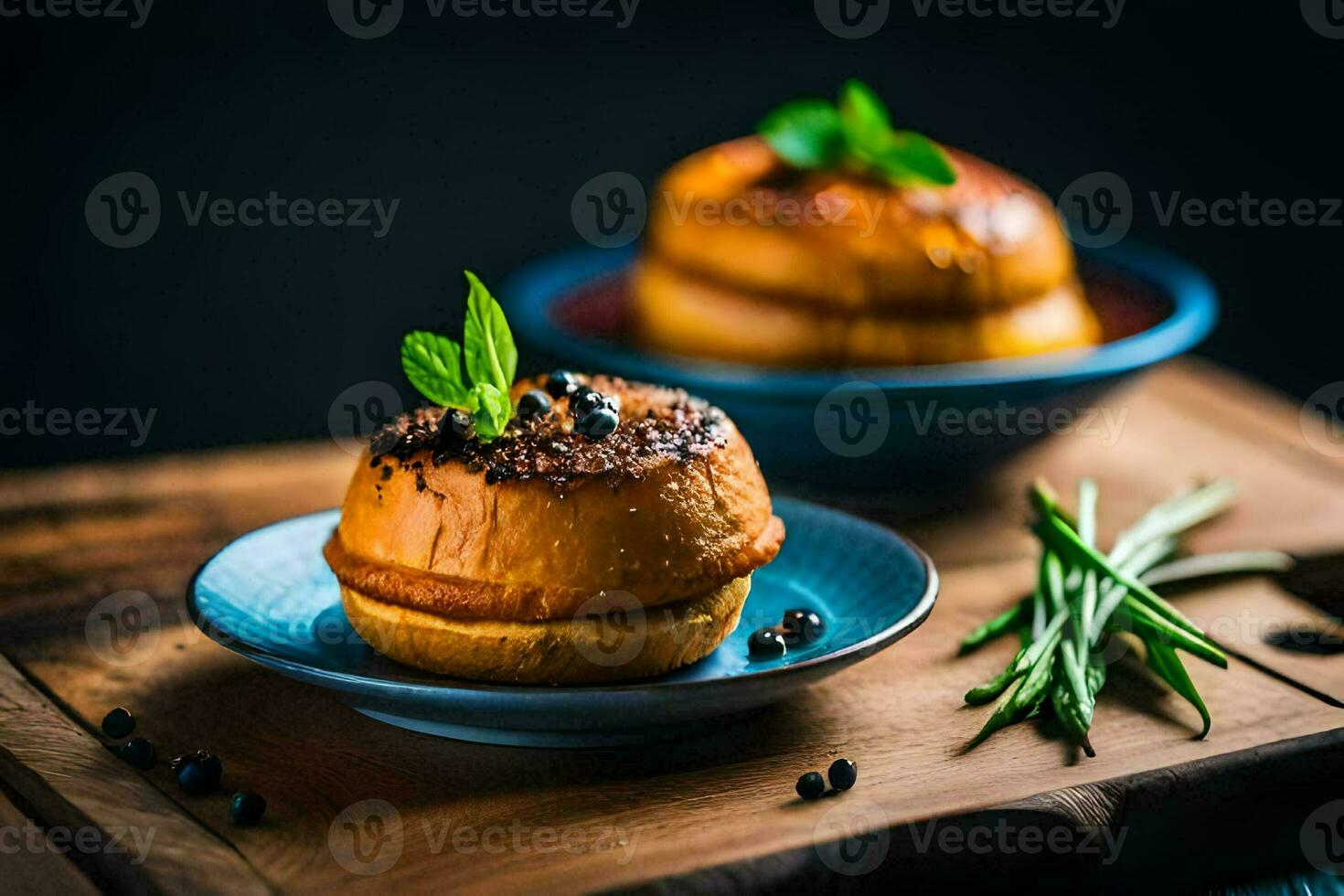 two small buns on plates with herbs. AI-Generated photo